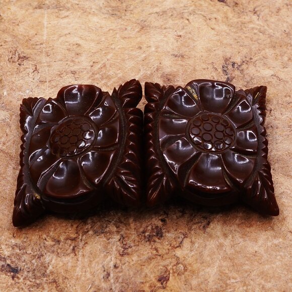 1930-50s Bakelite Elaborate Flower Carved Chocolate Brown Belt Buckle main image 6